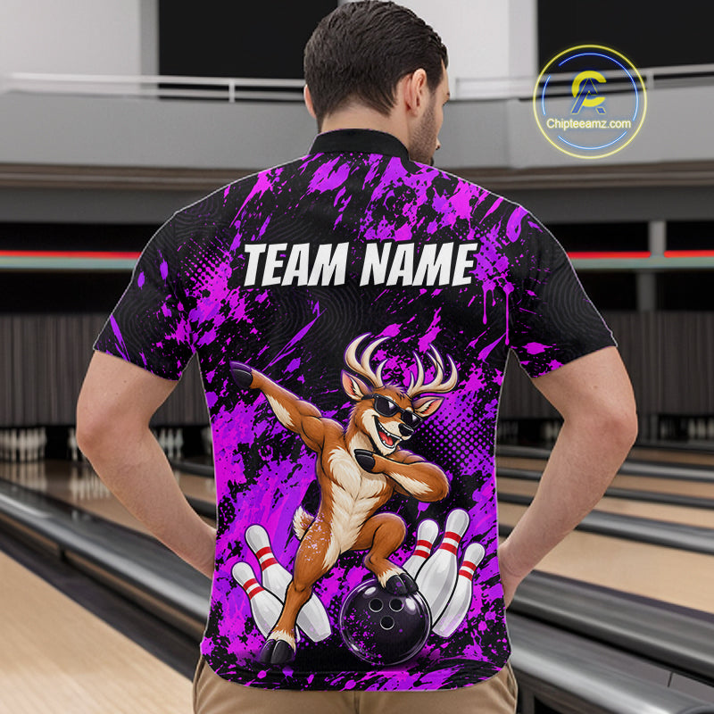 Custom Purple Funny Deer Bowling Team Jerseys Bowling Shirts for Men Polo & 1/4 Zipper HNT573