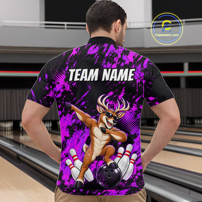 Custom Purple Funny Deer Bowling Team Jerseys Bowling Shirts for Men Polo & 1/4 Zipper HNT573
