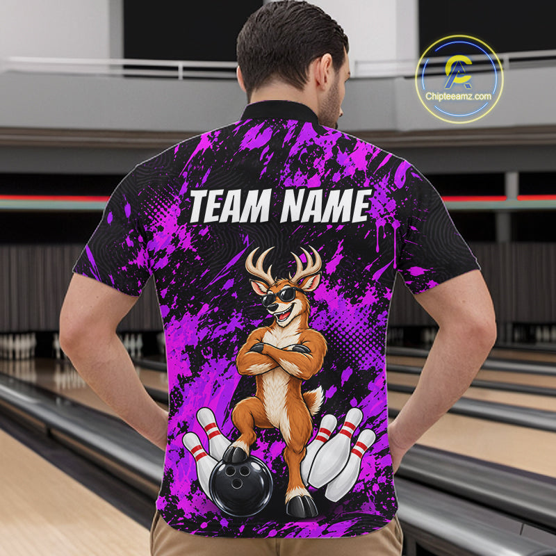 Custom Purple Funny Deer Bowling Jersey for Men Bowling Team Shirts Bowling League Clothes HNT617