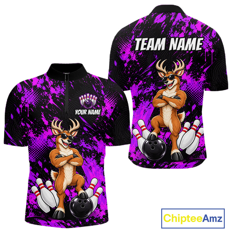 Custom Purple Funny Deer Bowling Jersey for Men Bowling Team Shirts Bowling League Clothes HNT617