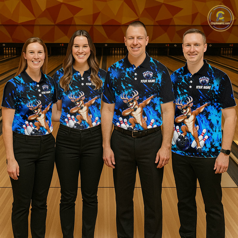 Custom Blue Funny Deer Bowling Team Jerseys Bowling Shirts for Women Polo & 1/4 Zipper HNT573