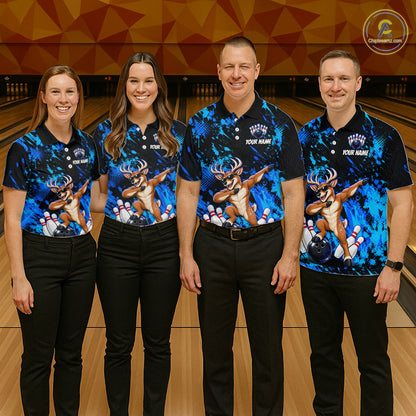 Custom Blue Funny Deer Bowling Team Jerseys Bowling Shirts for Men Polo & 1/4 Zipper HNT573