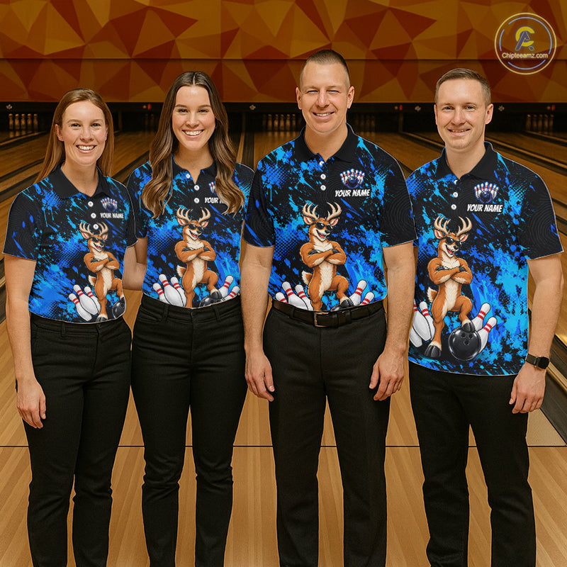 Custom Blue Funny Deer Bowling Jersey for Men Bowling Team Shirts Bowling League Clothes HNT617