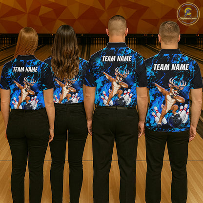 Custom Blue Funny Deer Bowling Team Jerseys Bowling Shirts for Women Polo & 1/4 Zipper HNT573