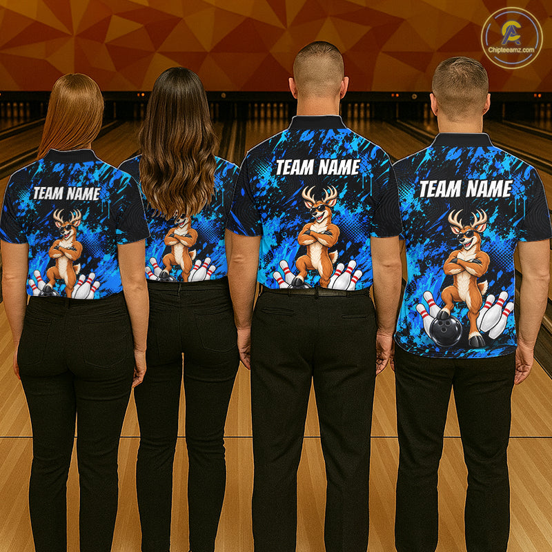 Custom Blue Funny Deer Bowling Jersey for Men Bowling Team Shirts Bowling League Clothes HNT617