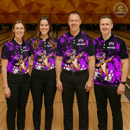 Custom Purple Funny Deer Bowling Team Jerseys Bowling Shirts for Women Polo & 1/4 Zipper HNT573