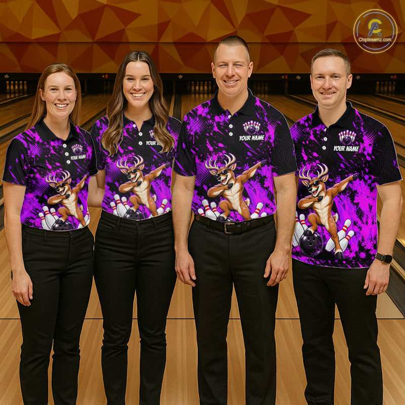 Custom Purple Funny Deer Bowling Team Jerseys Bowling Shirts for Men Polo & 1/4 Zipper HNT573