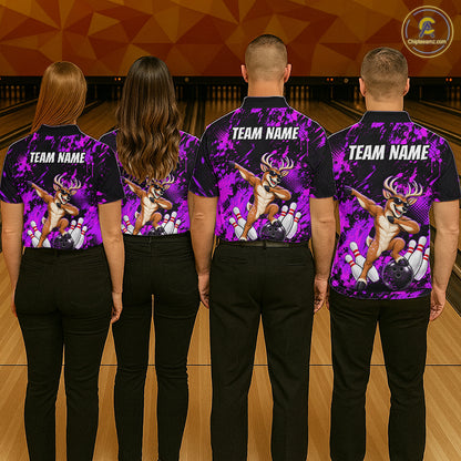 Custom Purple Funny Deer Bowling Team Jerseys Bowling Shirts for Men Polo & 1/4 Zipper HNT573