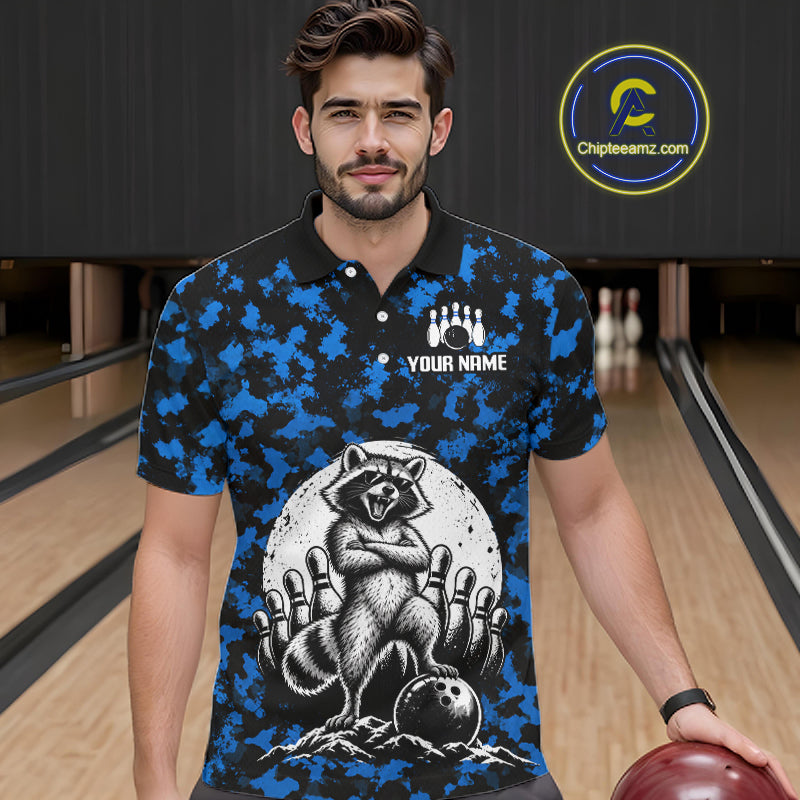 Custom Blue Camo Funny Raccoon Bowling Team Shirts for Men Bowling League Polo & 1/4 Zip HNT639
