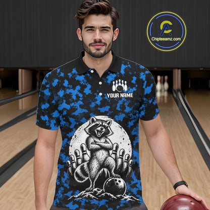 Custom Blue Camo Funny Raccoon Bowling Team Shirts for Men Bowling League Polo & 1/4 Zip HNT639