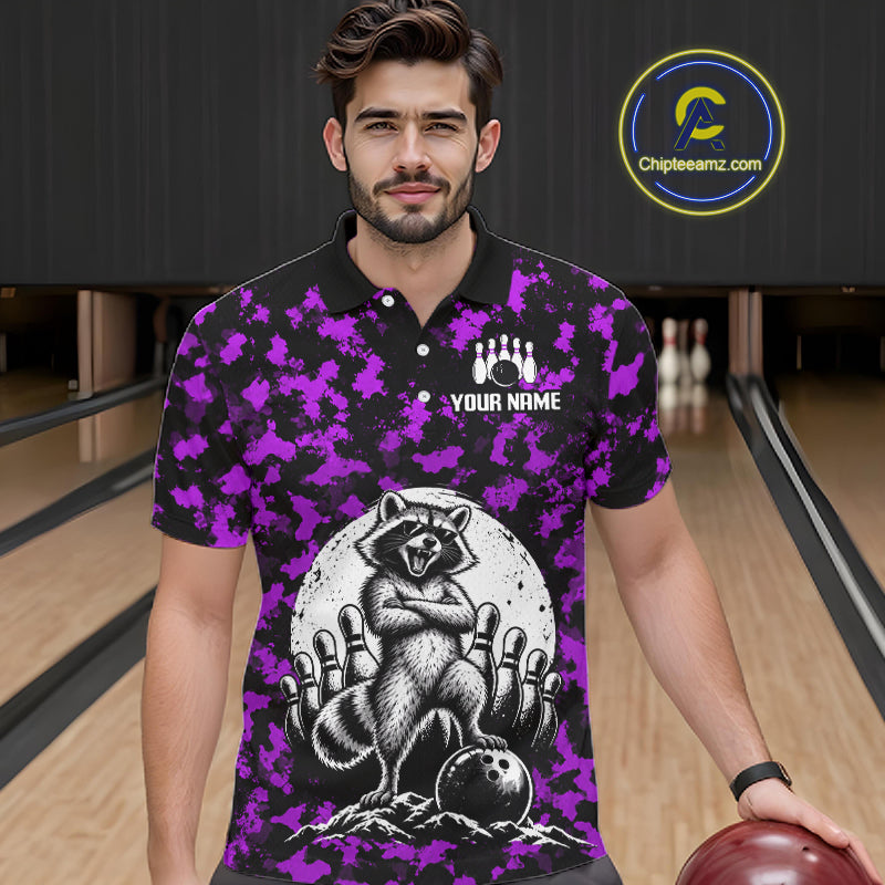 Custom Purple Camo Funny Raccoon Bowling Team Shirts for Men Bowling League Polo & 1/4 Zip HNT639