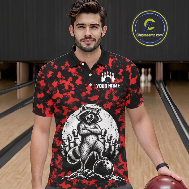 Custom Red Camo Funny Raccoon Bowling Team Shirts for Men Bowling League Polo & 1/4 Zip HNT639