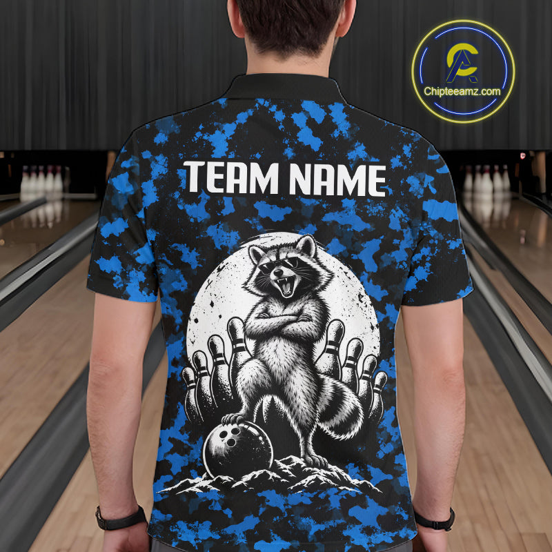 Custom Blue Camo Funny Raccoon Bowling Team Shirts for Men Bowling League Polo & 1/4 Zip HNT639