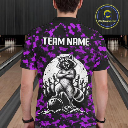 Custom Purple Camo Funny Raccoon Bowling Team Shirts for Men Bowling League Polo & 1/4 Zip HNT639