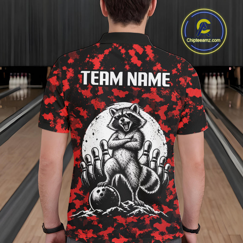 Custom Red Camo Funny Raccoon Bowling Team Shirts for Men Bowling League Polo & 1/4 Zip HNT639