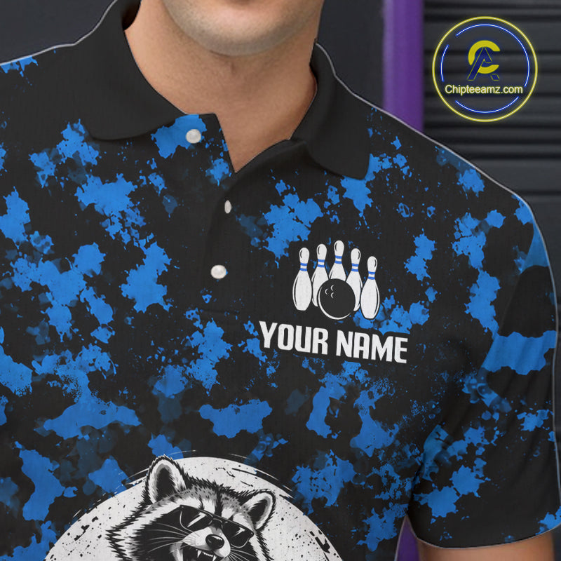 Custom Blue Camo Funny Raccoon Bowling Team Shirts for Men Bowling League Polo & 1/4 Zip HNT639