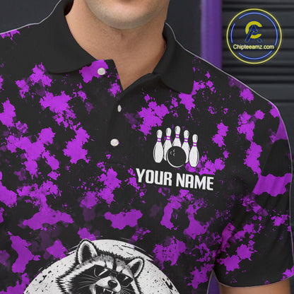Custom Purple Camo Funny Raccoon Bowling Team Shirts for Men Bowling League Polo & 1/4 Zip HNT639