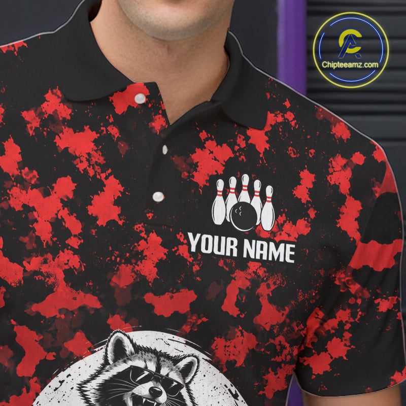Custom Red Camo Funny Raccoon Bowling Team Shirts for Men Bowling League Polo & 1/4 Zip HNT639