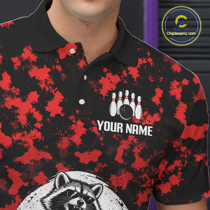 Custom Red Camo Funny Raccoon Bowling Team Shirts for Men Bowling League Polo & 1/4 Zip HNT639