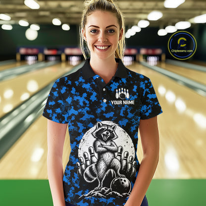 Custom Blue Camo Funny Raccoon Bowling Team Shirts for Women Bowling League Polo & 1/4 Zip HNT639