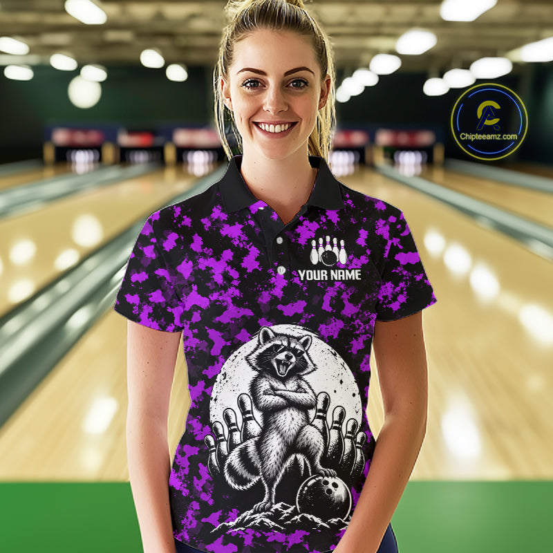 Custom Purple Camo Funny Raccoon Bowling Team Shirts for Women Bowling League Polo & 1/4 Zip HNT639