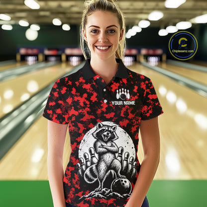 Custom Red Camo Funny Raccoon Bowling Team Shirts for Women Bowling League Polo & 1/4 Zip HNT639