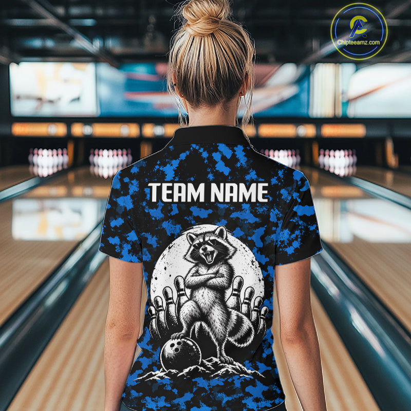 Custom Blue Camo Funny Raccoon Bowling Team Shirts for Women Bowling League Polo & 1/4 Zip HNT639
