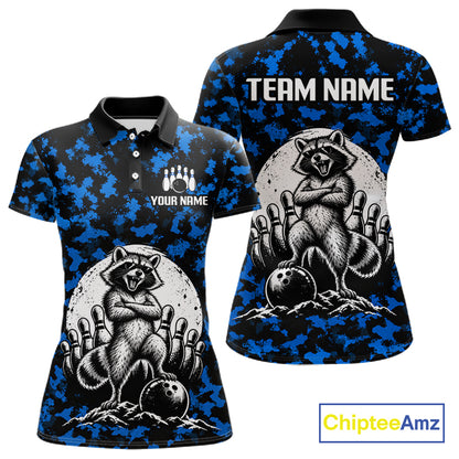 Custom Blue Camo Funny Raccoon Bowling Team Shirts for Women Bowling League Polo & 1/4 Zip HNT639