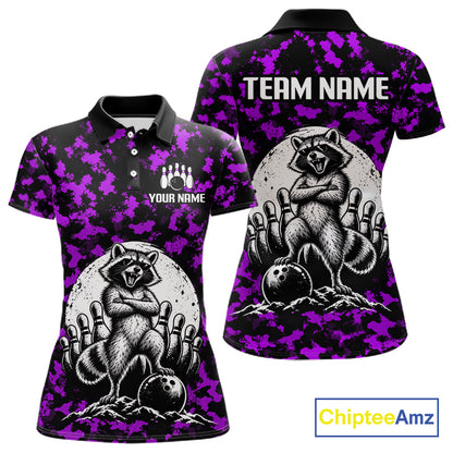 Custom Purple Camo Funny Raccoon Bowling Team Shirts for Women Bowling League Polo & 1/4 Zip HNT639