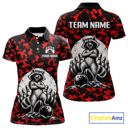 Custom Red Camo Funny Raccoon Bowling Team Shirts for Women Bowling League Polo & 1/4 Zip HNT639