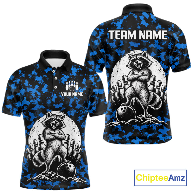 Custom Blue Camo Funny Raccoon Bowling Team Shirts for Men Bowling League Polo & 1/4 Zip HNT639