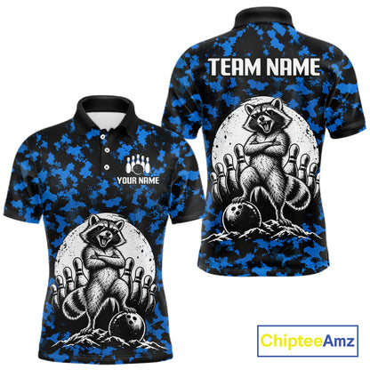 Custom Blue Camo Funny Raccoon Bowling Team Shirts for Men Bowling League Polo & 1/4 Zip HNT639