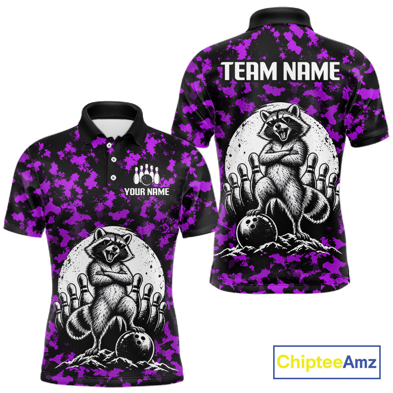 Custom Purple Camo Funny Raccoon Bowling Team Shirts for Men Bowling League Polo & 1/4 Zip HNT639