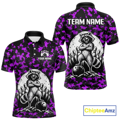 Custom Purple Camo Funny Raccoon Bowling Team Shirts for Men Bowling League Polo & 1/4 Zip HNT639