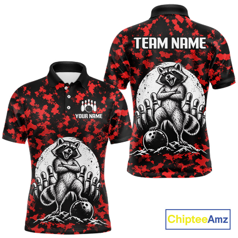 Custom Red Camo Funny Raccoon Bowling Team Shirts for Men Bowling League Polo & 1/4 Zip HNT639