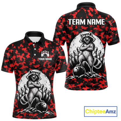 Custom Red Camo Funny Raccoon Bowling Team Shirts for Men Bowling League Polo & 1/4 Zip HNT639