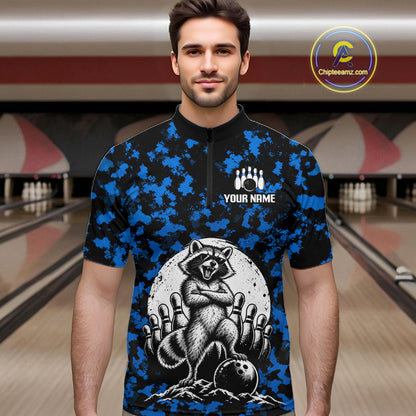 Custom Blue Camo Funny Raccoon Bowling Team Shirts for Men Bowling League Polo & 1/4 Zip HNT639