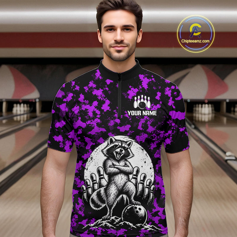 Custom Purple Camo Funny Raccoon Bowling Team Shirts for Men Bowling League Polo & 1/4 Zip HNT639