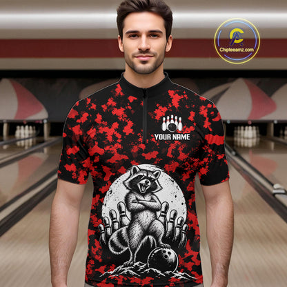 Custom Red Camo Funny Raccoon Bowling Team Shirts for Men Bowling League Polo & 1/4 Zip HNT639