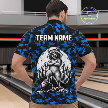 Custom Blue Camo Funny Raccoon Bowling Team Shirts for Men Bowling League Polo & 1/4 Zip HNT639