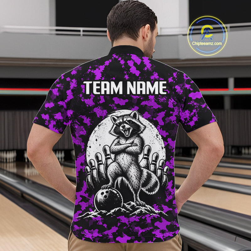 Custom Purple Camo Funny Raccoon Bowling Team Shirts for Men Bowling League Polo & 1/4 Zip HNT639