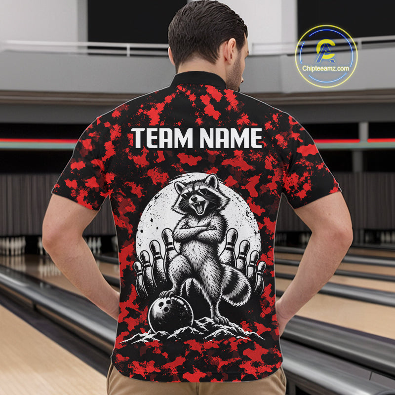 Custom Red Camo Funny Raccoon Bowling Team Shirts for Men Bowling League Polo & 1/4 Zip HNT639