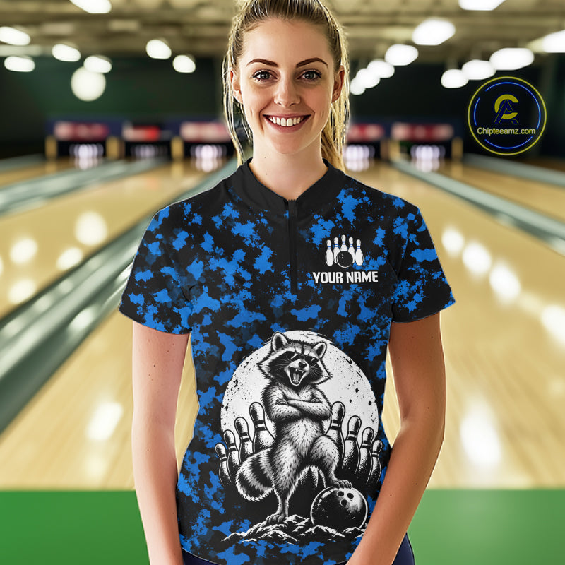 Custom Blue Camo Funny Raccoon Bowling Team Shirts for Women Bowling League Polo & 1/4 Zip HNT639
