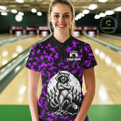 Custom Purple Camo Funny Raccoon Bowling Team Shirts for Women Bowling League Polo & 1/4 Zip HNT639