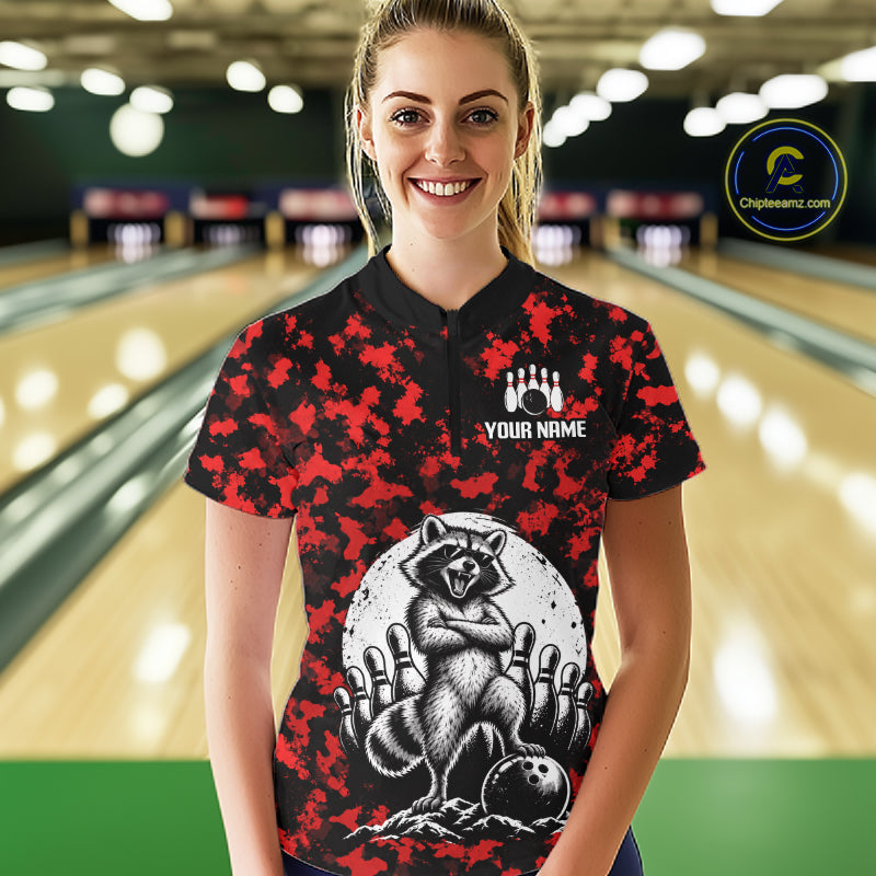 Custom Red Camo Funny Raccoon Bowling Team Shirts for Women Bowling League Polo & 1/4 Zip HNT639