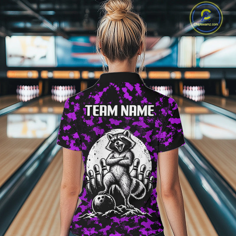 Custom Purple Camo Funny Raccoon Bowling Team Shirts for Women Bowling League Polo & 1/4 Zip HNT639