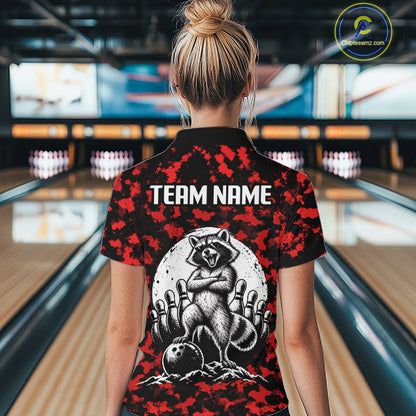 Custom Red Camo Funny Raccoon Bowling Team Shirts for Women Bowling League Polo & 1/4 Zip HNT639