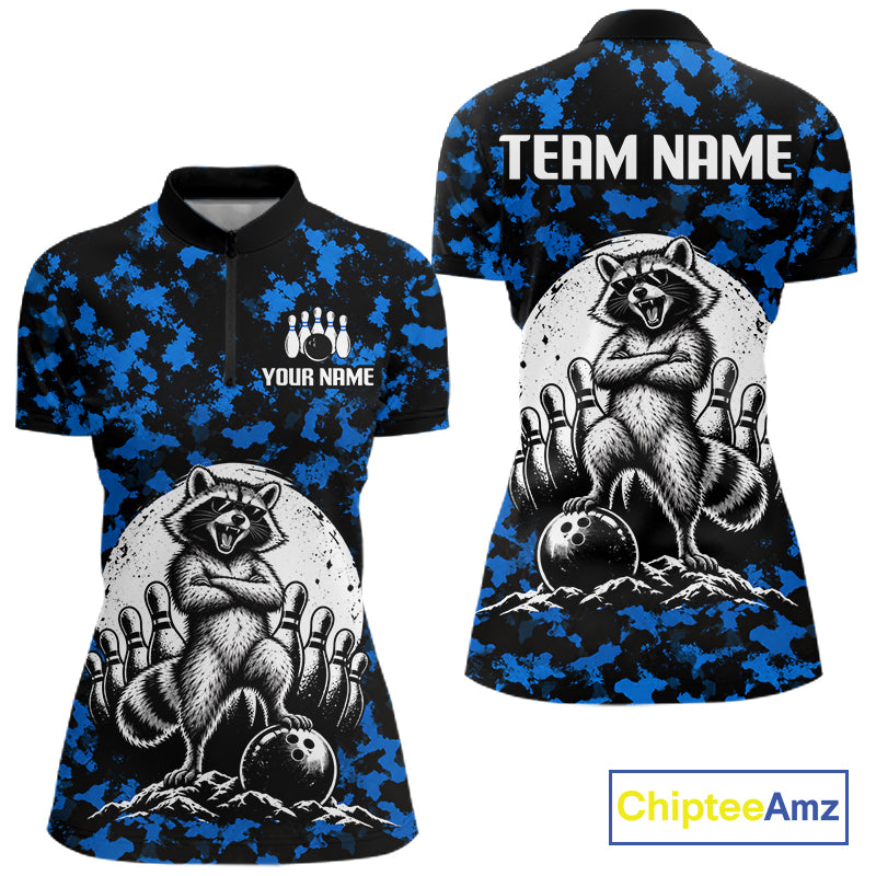 Custom Blue Camo Funny Raccoon Bowling Team Shirts for Women Bowling League Polo & 1/4 Zip HNT639