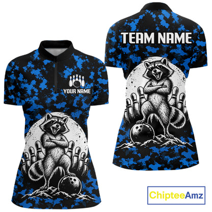 Custom Blue Camo Funny Raccoon Bowling Team Shirts for Women Bowling League Polo & 1/4 Zip HNT639
