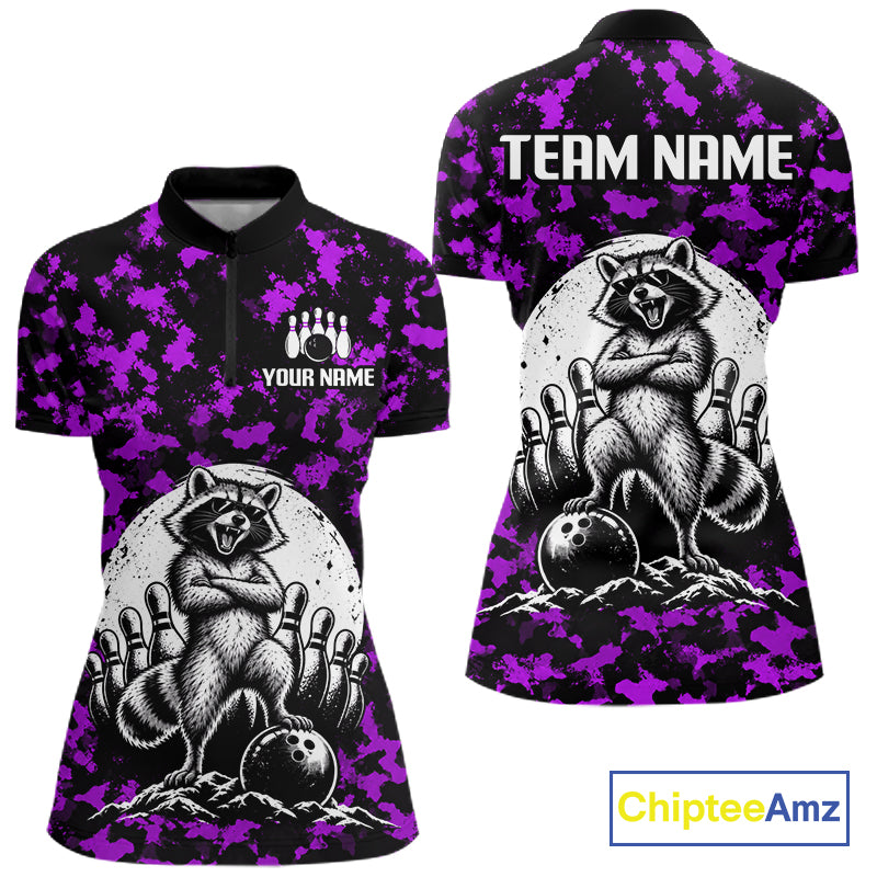Custom Purple Camo Funny Raccoon Bowling Team Shirts for Women Bowling League Polo & 1/4 Zip HNT639